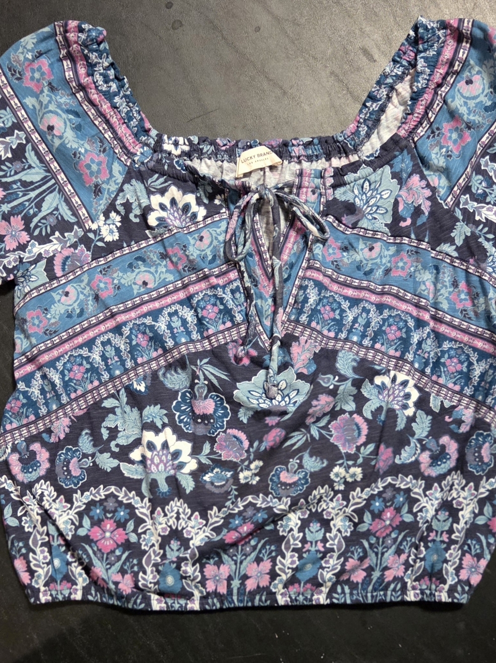 Lucky Brand Navy Floral Tie-Front Peasant Top